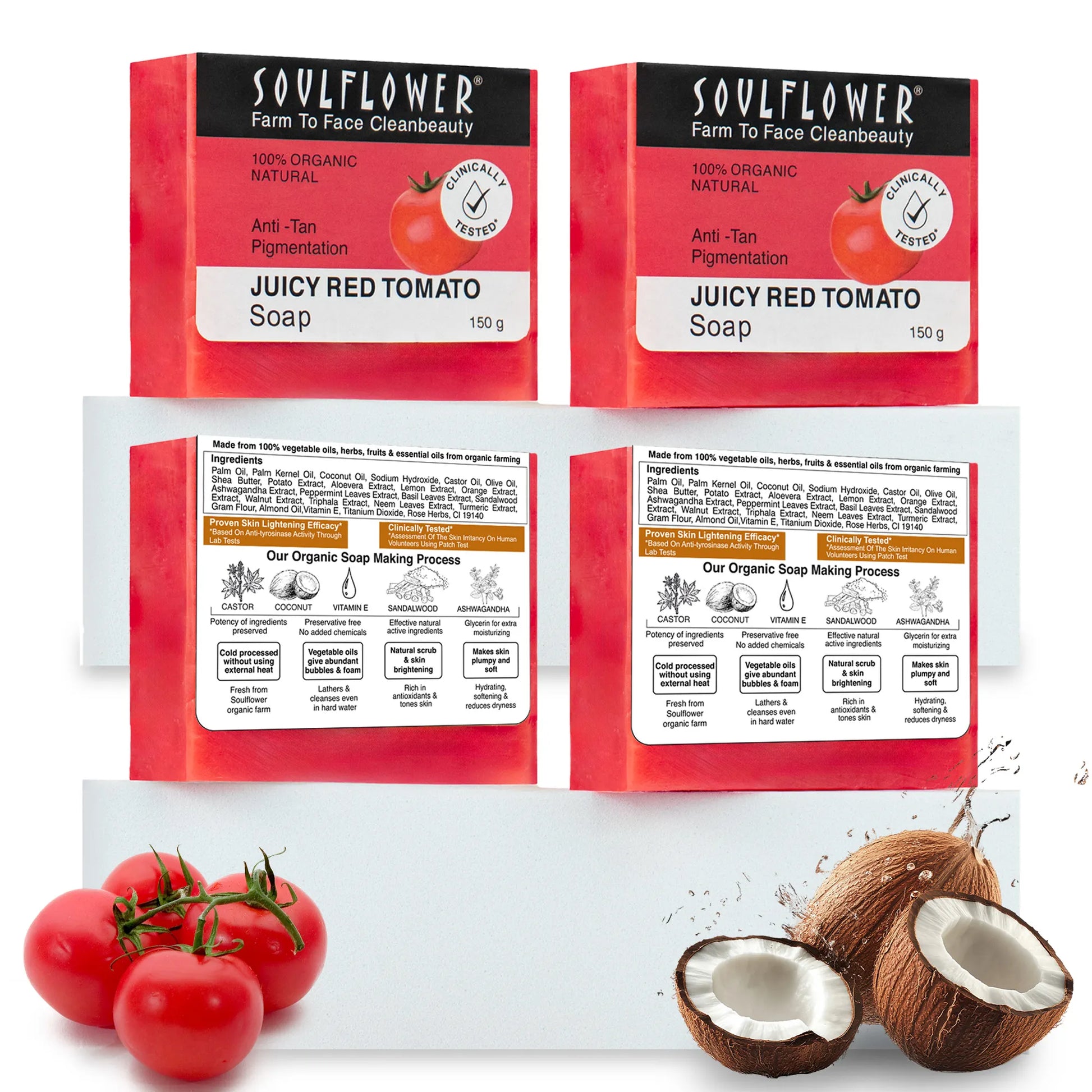 Anti-Tan Juicy Tomato Soap Pack of 4 by Soulflower, Prevents Tan-Lines, Fades Pigmentation, Gentle Exfoliation & Restores Moisture, Handmade