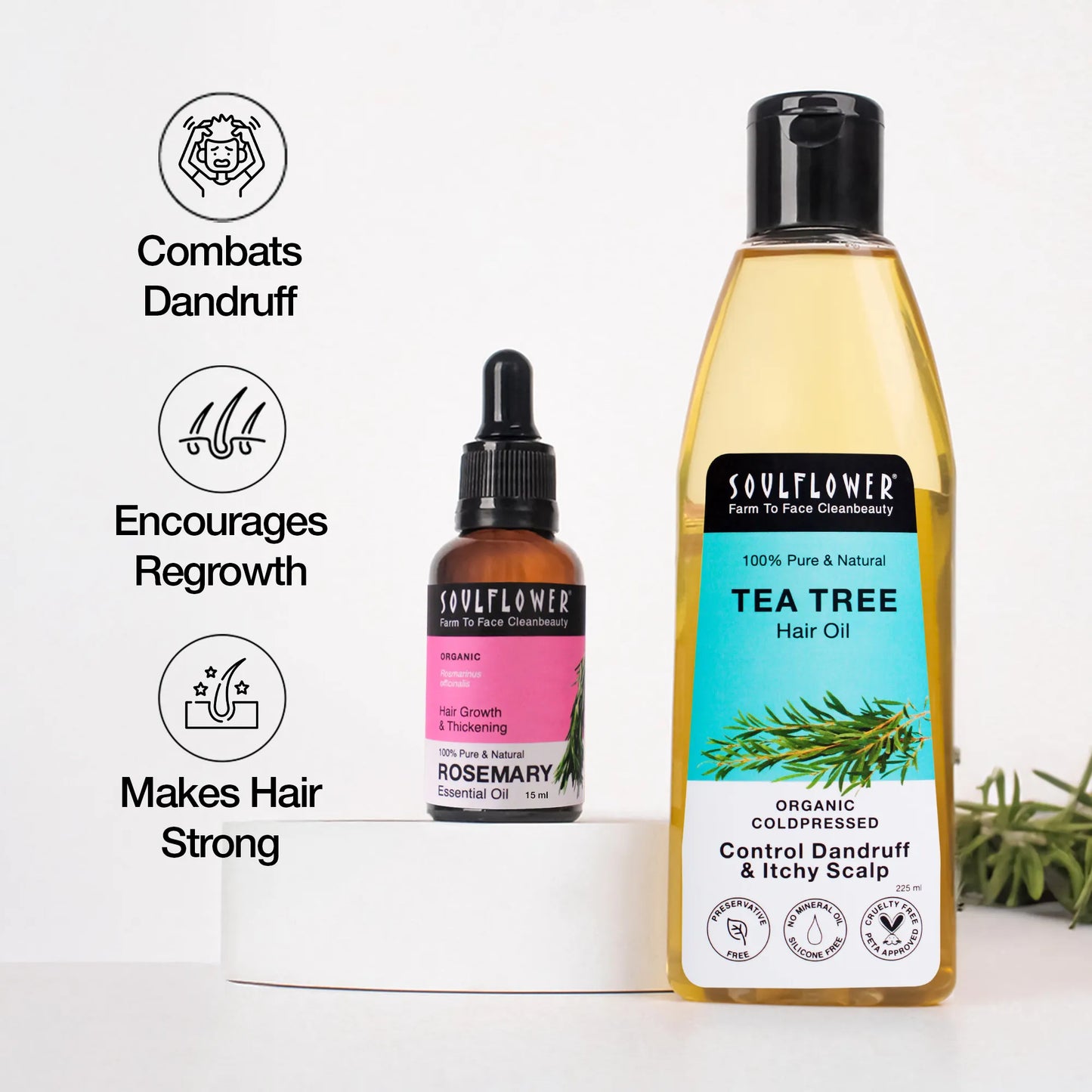 Rosemary & Tea Tree Oil Combo by Soulflower for Dandruff-Free Hair Growth, Hair Fall, Regrowth & Strong Hair, Cold-Pressed, Natural, Vegan, Men & Women