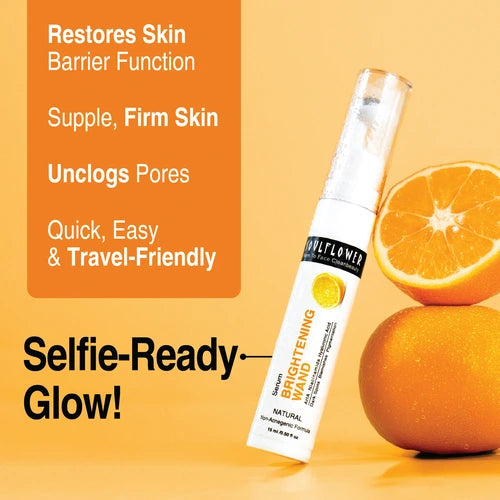 Soulflower Vitamin C Serum with Niacinamide, promoting firm skin and glow, with an orange backdrop.