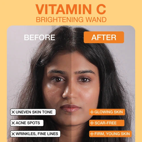 Before and after showing improved skin tone, reduced acne spots, and wrinkles with Soulflower Vitamin C Brightening Wand.