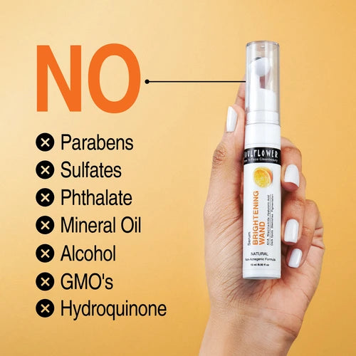 Soulflower Vitamin C Brightening Serum with a 'NO' list showing it's free from parabens, sulfates, phthalates, mineral oil, alcohol, GMOs, and hydroquinone.