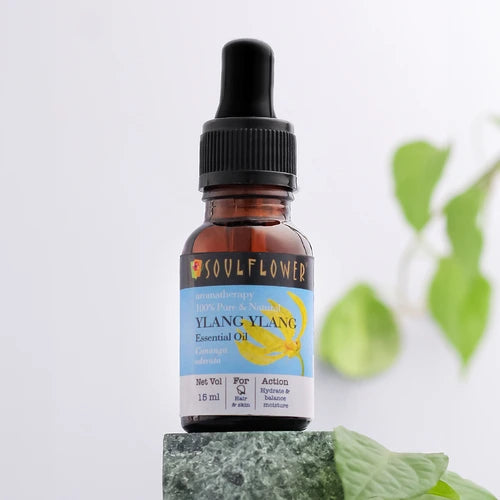 Soulflower 100% pure and natural Ylang Ylang Essential Oil. This essential oil is designed to balance scalp moisture, stimulate hair growth, and enhance hair thickness