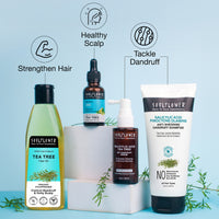 Complete Soulflower Anti-Dandruff Routine with scalp oil, essential oil, shampoo, and serum to eliminate dandruff, control hair fall, and support hair regrowth.