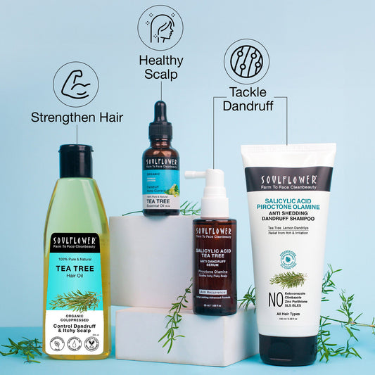 Complete Soulflower Anti-Dandruff Routine with scalp oil, essential oil, shampoo, and serum to eliminate dandruff, control hair fall, and support hair regrowth.