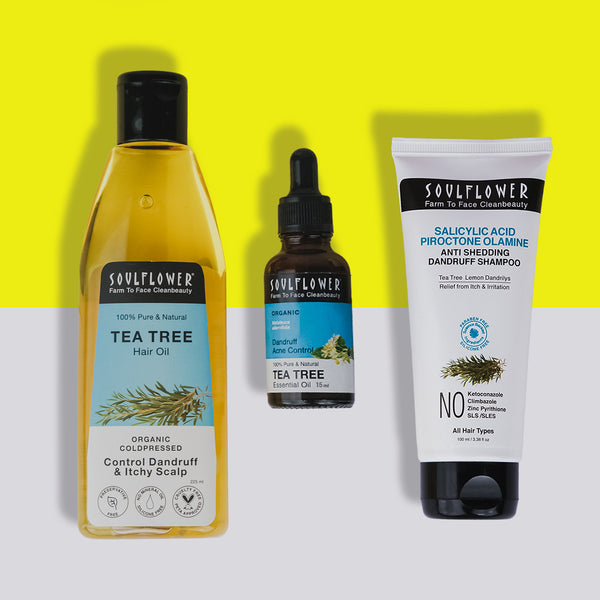 Complete Soulflower Anti-Dandruff Routine featuring Tea Tree Essential Oil, Tea Tree Scalp Oil, and Anti-Dandruff Shampoo for flake-free, healthy scalp.