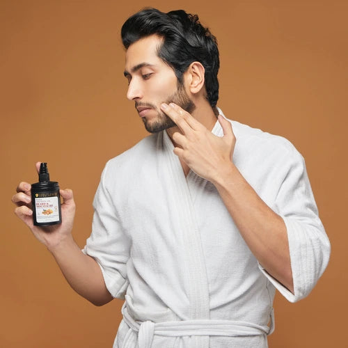 Bottle of moustache and beard growth oil with essential oils and Vitamin E for faster, healthier beard development.