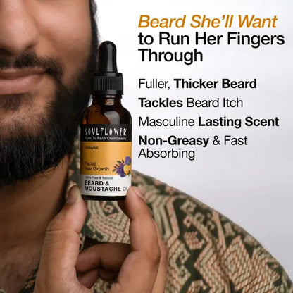 Soulflower Beard & Moustache Oil benefits include thicker beard growth, reduced patchiness, itch relief, flake control, and a bold citrus-earthy scent for all-day freshness.