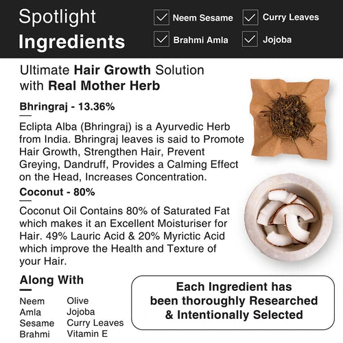 Cold-pressed formula enriched with pure Bhringraj herb, coconut, and sesame oils for intense scalp nourishment.