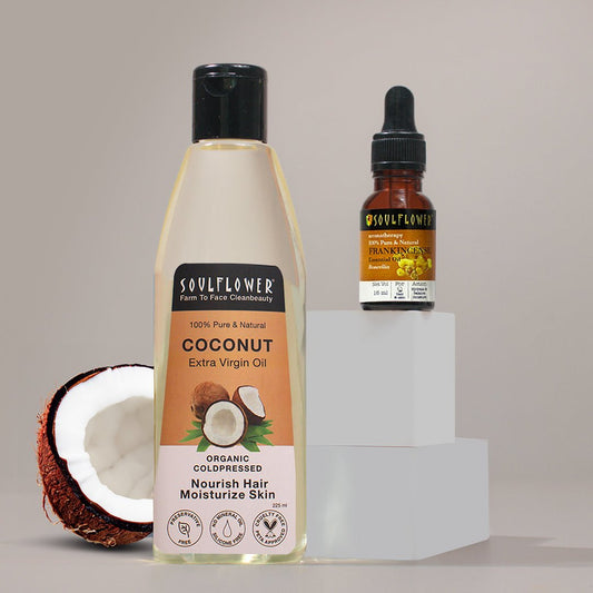 Frankincense Essential & Coconut Carrier Oil Combo by Soulflower for Hair Growth, Skin Care, Anti-Ageing, Aromatherapy, Cold-Pressed, Natural