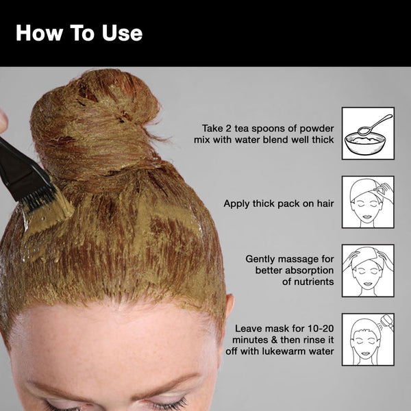 Mix with water to form a paste, apply to scalp and hair, leave for 20–30 minutes, then rinse thoroughly.