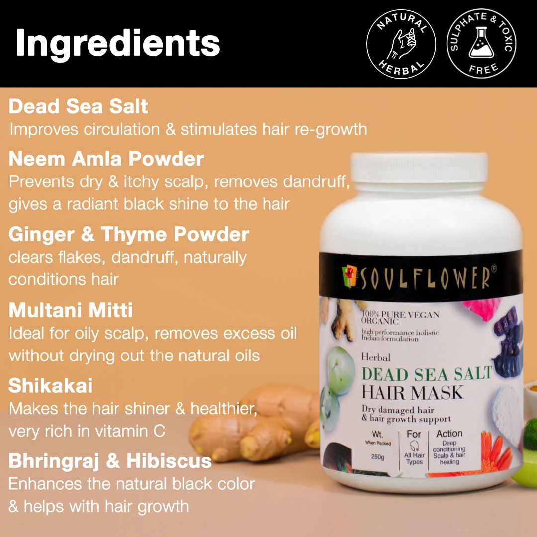 Hand-mixed formula combining Dead Sea salt, Ayurvedic herbs, and mineral-rich clays for deep hair repair and nourishment.