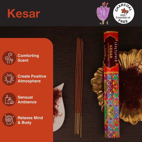 Charcoal-free Kesar agarbatti with purifying and uplifting fragrance, perfect for enhancing focus and inner calm.