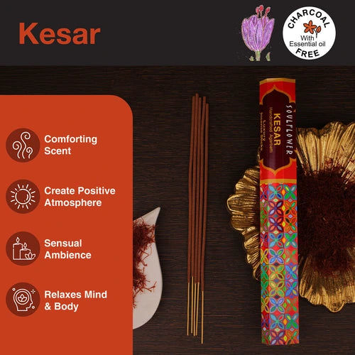 Charcoal-free Kesar agarbatti with purifying and uplifting fragrance, perfect for enhancing focus and inner calm.