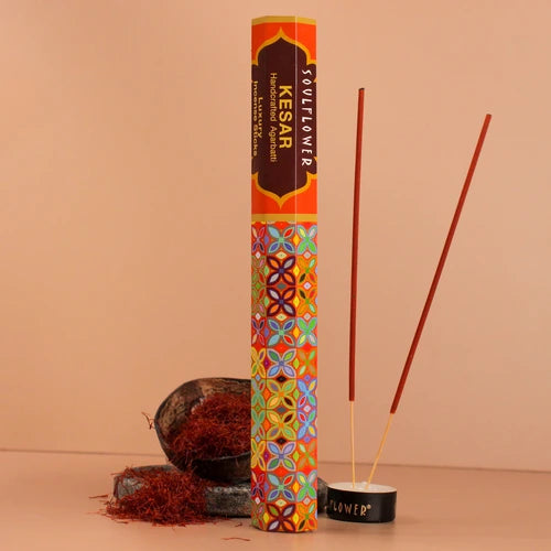 Handcrafted saffron incense sticks with warm, spicy fragrance, ideal for peaceful rituals and spiritual upliftment.
