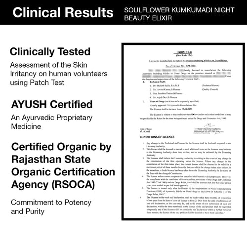 Certification of clinical tests and AYUSH CERTIFIED Kumkumadi Tailam. Clinically proven