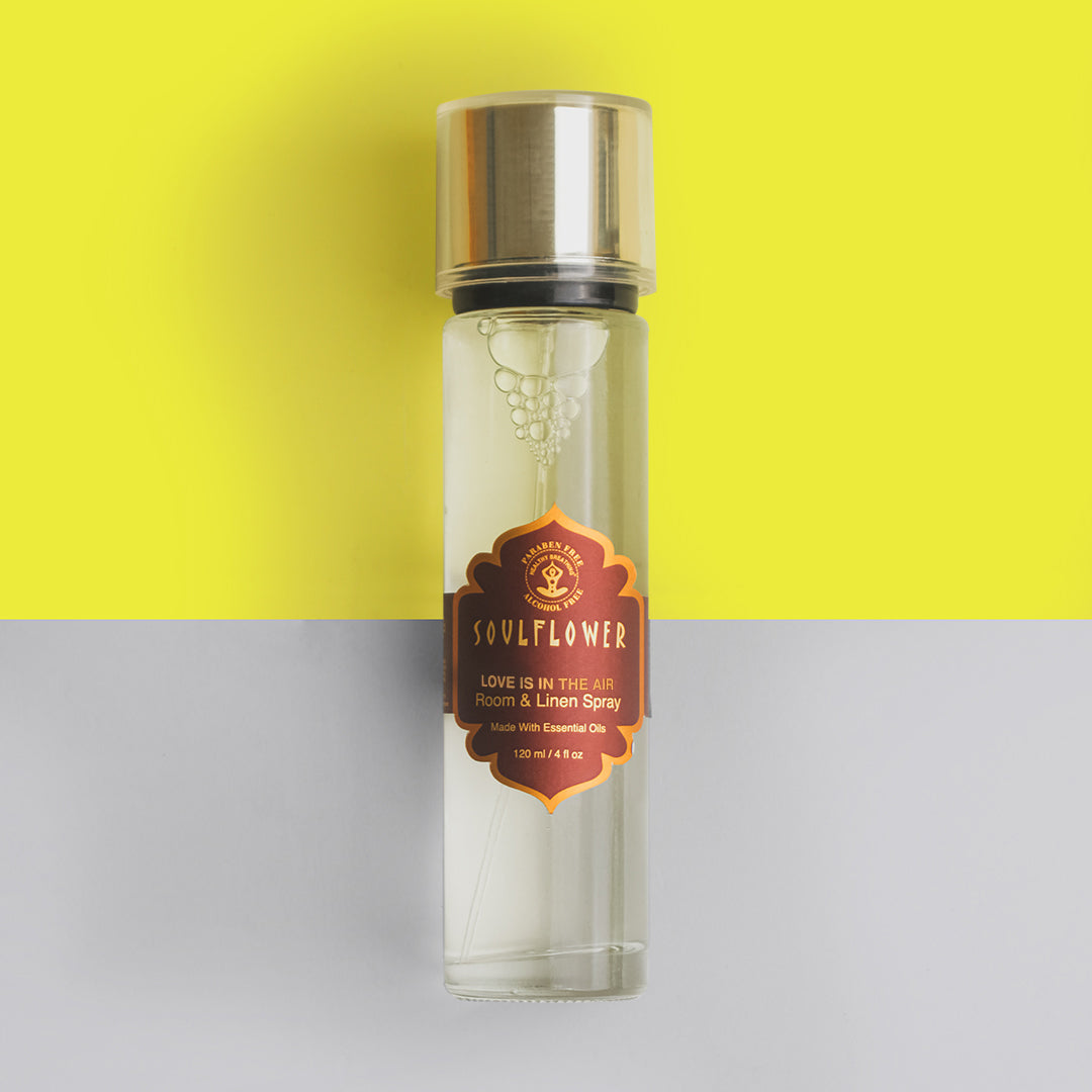 Sweet, floral, and exotic linen spray with essential oils to refresh spaces and create a romantic, calming atmosphere.