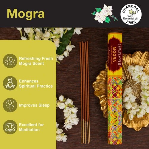 Charcoal-free Mogra agarbatti that promotes calmness, enhances concentration, and supports a peaceful puja environment.