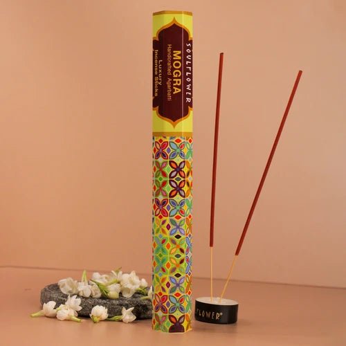 Handcrafted Mogra incense sticks with floral and spicy notes, ideal for enhancing purity and devotion in rituals.