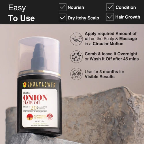 Onion Amla Hair Oil with lightweight, non-greasy formula shown in an easy-to-use application bottle for mess-free, daily use.