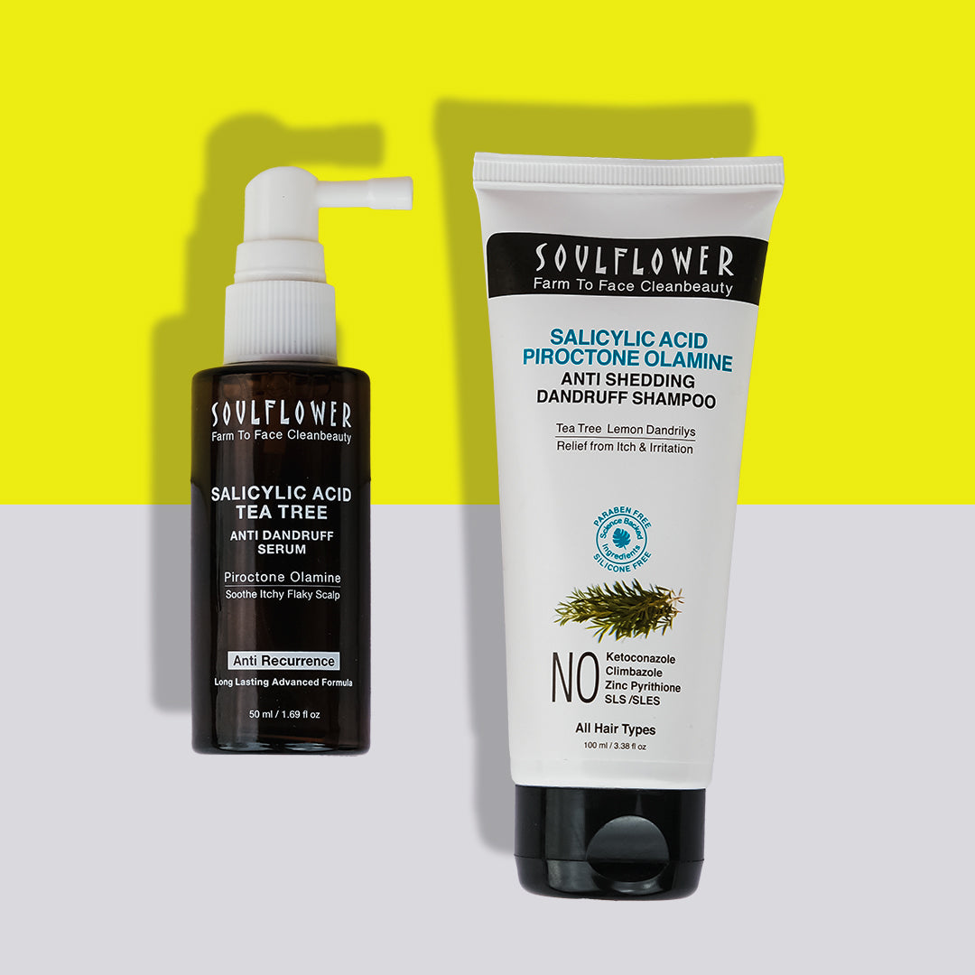 Complete non-oil anti-dandruff routine with Soulflower Anti-Dandruff Serum and Shampoo, designed to eliminate dandruff and reduce hair loss.