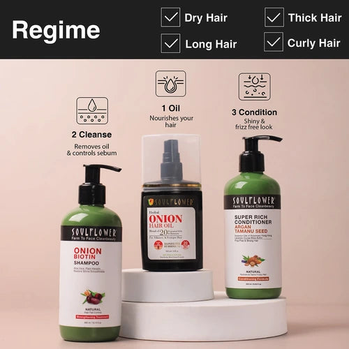 Daily hair care regime featuring Onion Amla Hair Oil—apply, massage, and leave in for deep nourishment and reduced hair fall.