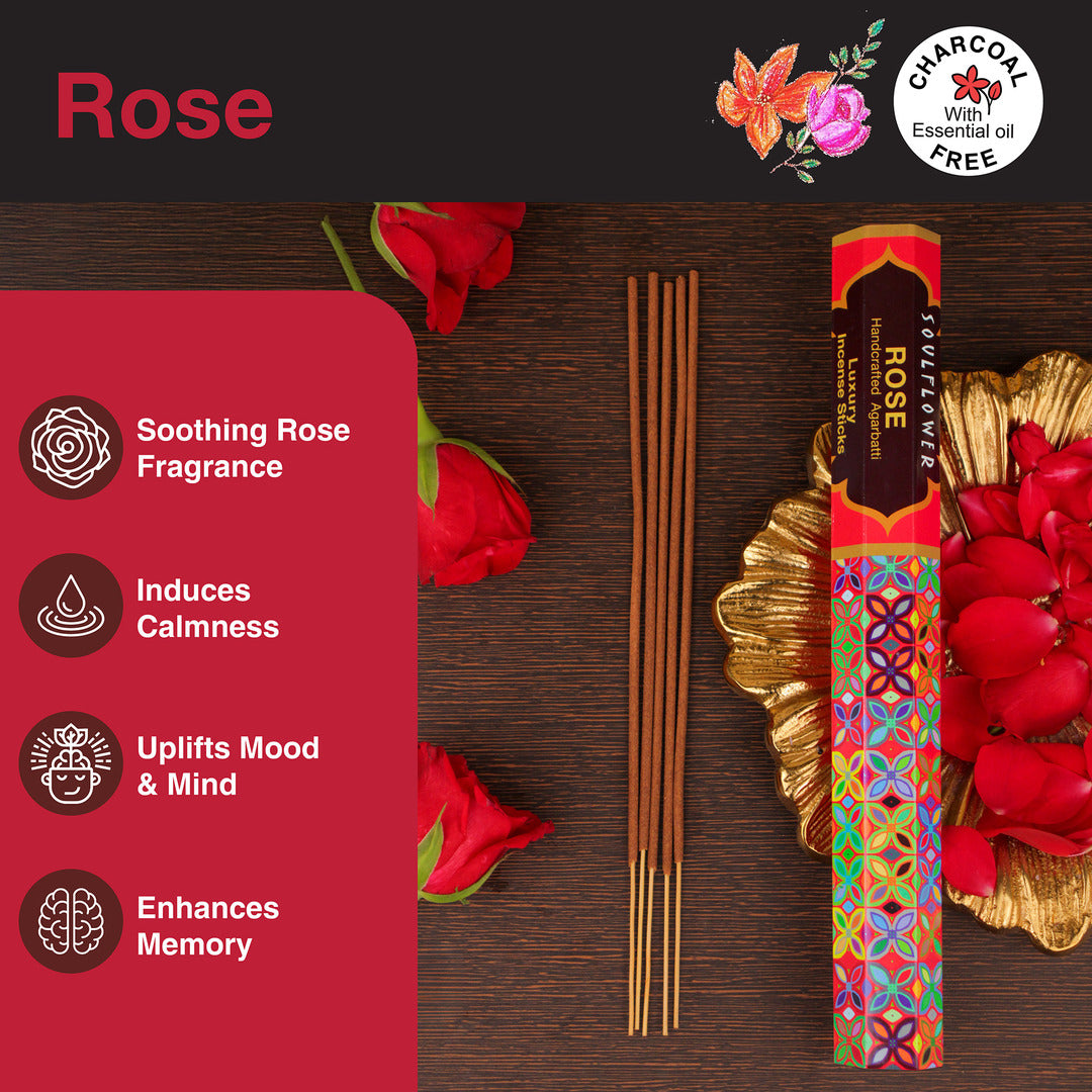Rose incense promotes inner peace, enhances meditation, and uplifts spiritual energy during rituals.