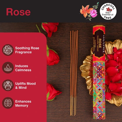 Handcrafted rose incense sticks with a rich floral fragrance, perfect for enhancing spiritual rituals and home ambiance.