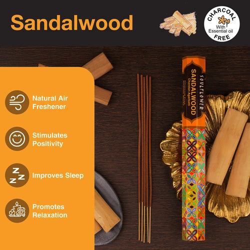 Charcoal-free sandalwood agarbatti offering 30 minutes of smoke-free, soothing fragrance for meditation and prayer.