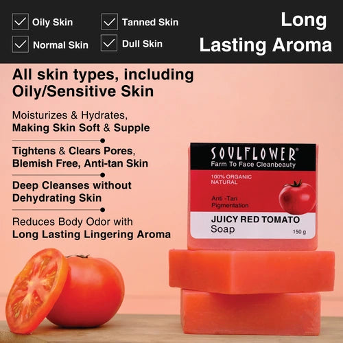 Benefits of Juicy red anti tan tomato soap for all types of skin which moisturises and tightens skin