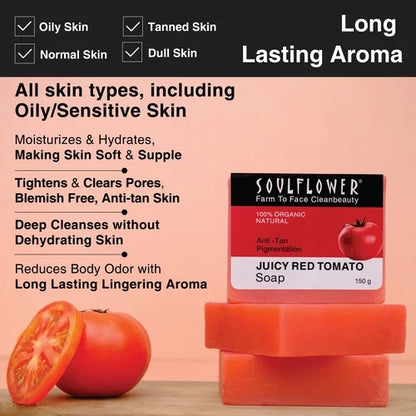 Benefits of Juicy red anti tan tomato soap for all types of skin which moisturises and tightens skin
