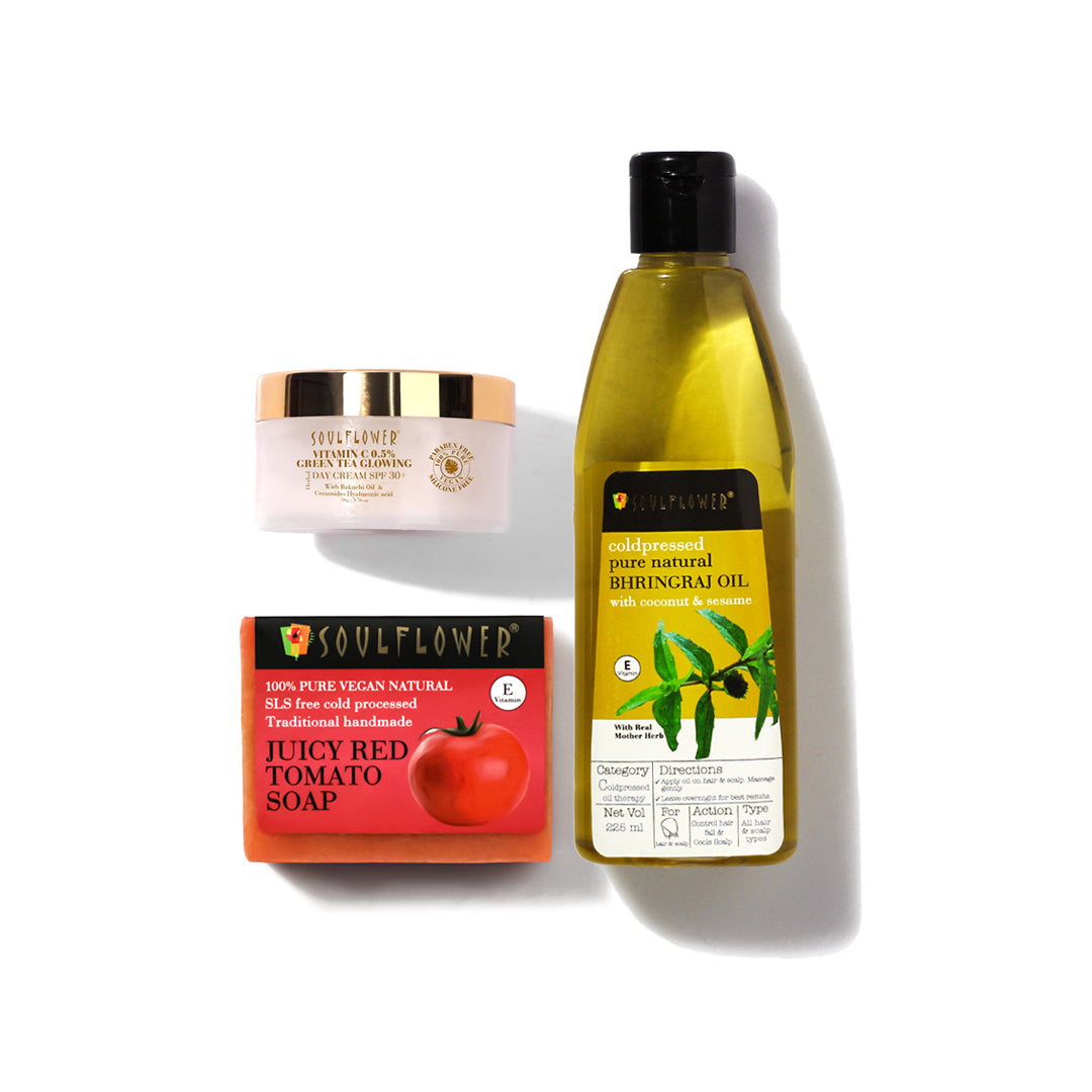 Soulflower Summer Ready Trio- Bhringraj oil, juicy red tomato soap and vitamin c day cream