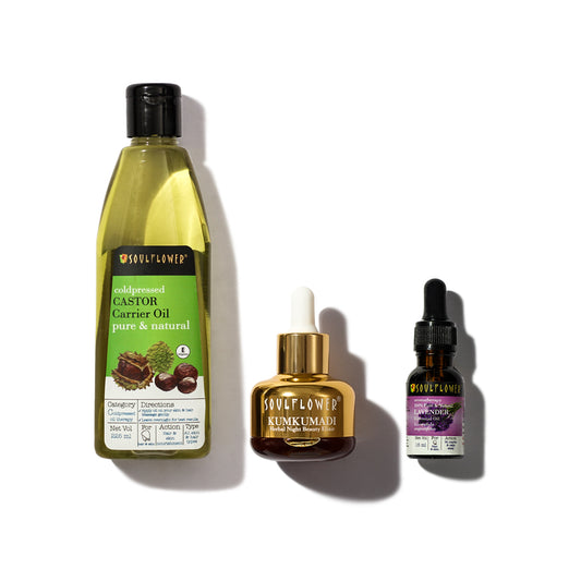 Set of kumkumadi elixir, lavender essential oil with castor oil 