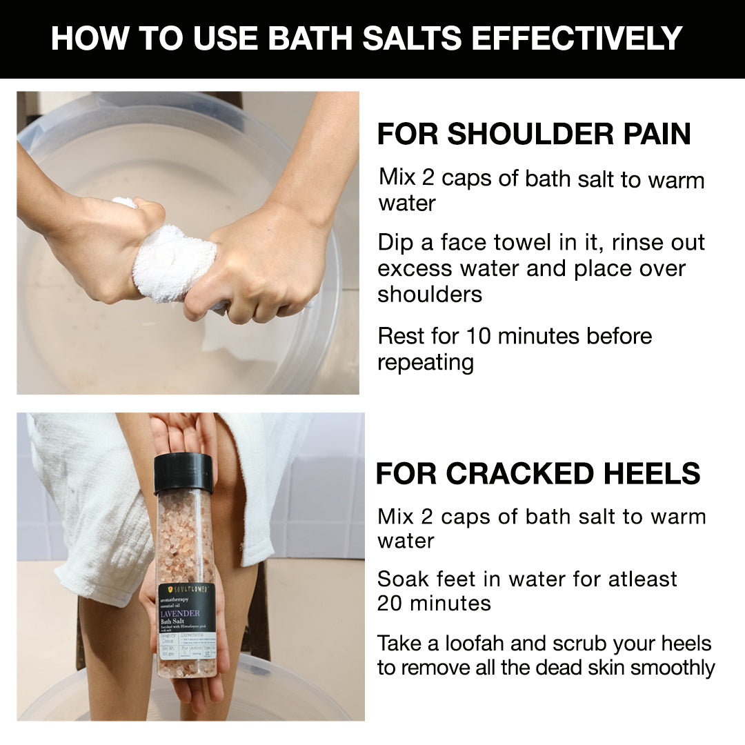 Guide on how to use Lavender Himalayan Pink Rock Bath Salt effectively for shoulder pain and cracked heels